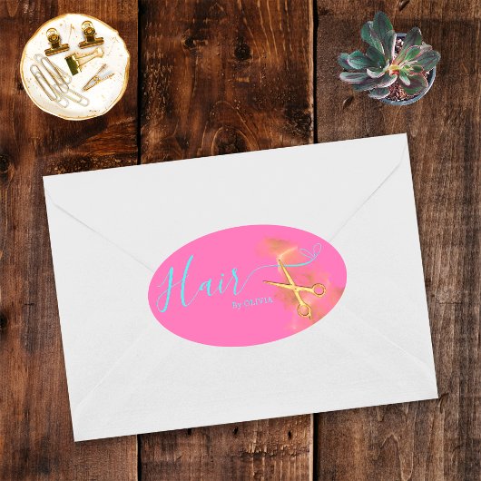 ピンクエレガントヘアスタイリスト金ゴールドシザー美しいサロン 楕円形シール