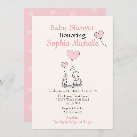 ピンクエレガントベビーガール赤ちゃんシャワー招待状 招待状 (正面/裏面)