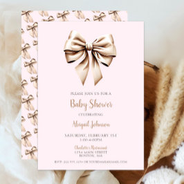 ピンクエレガントベージュコケットバウ赤ちゃんシャワー 招待状