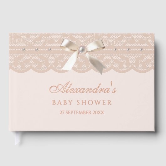 ピンクエレガントベージュピアスボウレースベビーシャワー ゲストブック (正面)