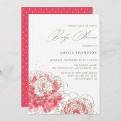 ピンクエレガントペオモダンニーフローラ赤ちゃんシャワー 招待状 (正面/裏面)