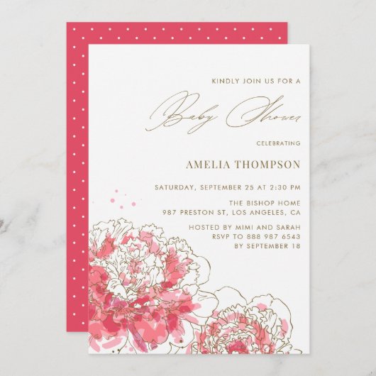ピンクエレガントペオモダンニーフローラ赤ちゃんシャワー 招待状 (正面/裏面)