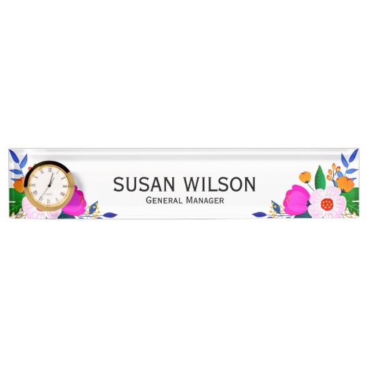 ピンクエレガントホワイトイエローフラワー総支配人 デスクネームプレート (正面)