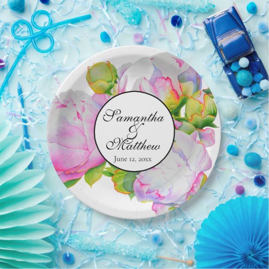 ピンクエレガントホワイトウォーター色の牡丹フローラ ペーパープレート (パーティー)