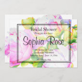 ピンクエレガントホワイトウォーター色牡丹ブライダルシャワー 招待状 (正面/裏面)