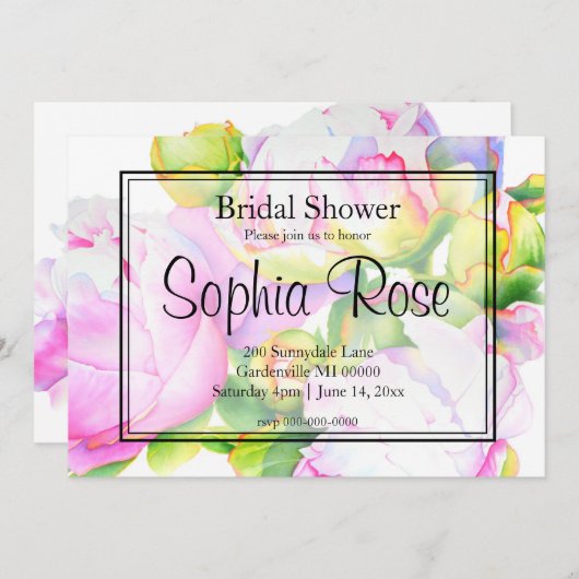 ピンクエレガントホワイトウォーター色牡丹ブライダルシャワー 招待状 (正面/裏面)