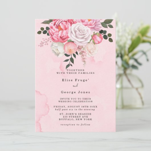 ピンクエレガントホワイトウォーター花模様結婚ズ 招待状 (スタンド正面)