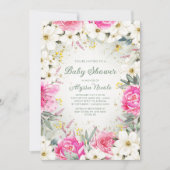 ピンクエレガントホワイトフローラグリッターベビーシャワーインヴィ 招待状 (正面)
