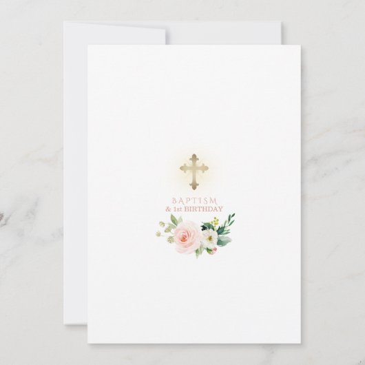 ピンクエレガントホワイトフローラバプテスマ&ファースト誕生日 招待状 (裏面)