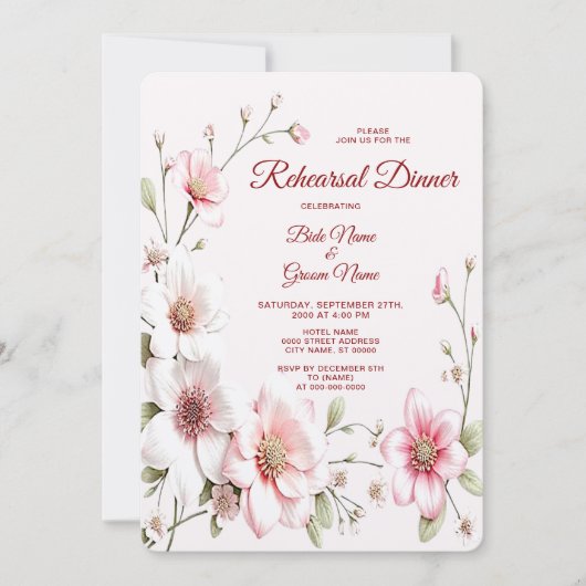 ピンクエレガントホワイトフローラリハーサルディナー 招待状 (正面)