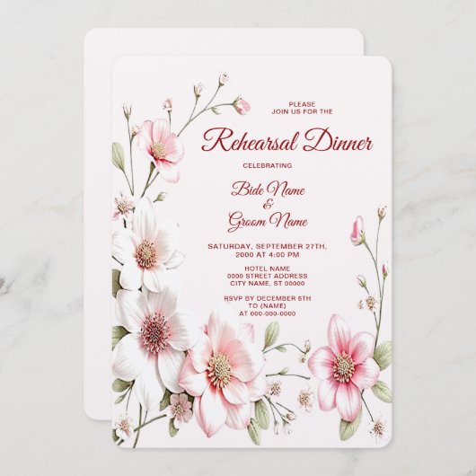 ピンクエレガントホワイトフローラリハーサルディナー 招待状 (正面/裏面)