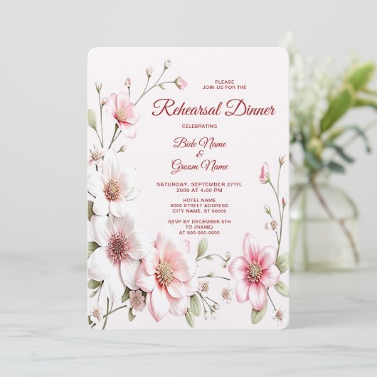 ピンクエレガントホワイトフローラリハーサルディナー 招待状 (スタンド正面)