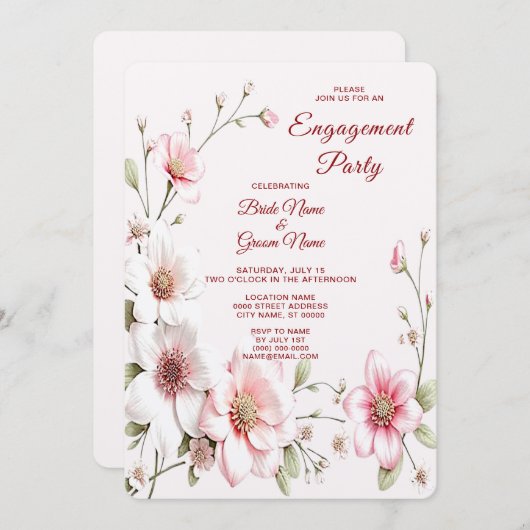 ピンクエレガントホワイトフローラ婚約招待状 招待状 (正面/裏面)