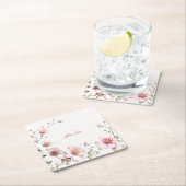 ピンクエレガントホワイトフローラ紙コースター スクエアペーパーコースター (インサイチュ)