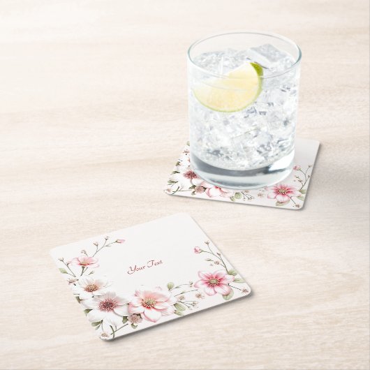 ピンクエレガントホワイトフローラ紙コースター スクエアペーパーコースター (インサイチュ)
