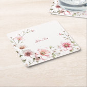 ピンクエレガントホワイトフローラ紙コースター スクエアペーパーコースター (アングル)