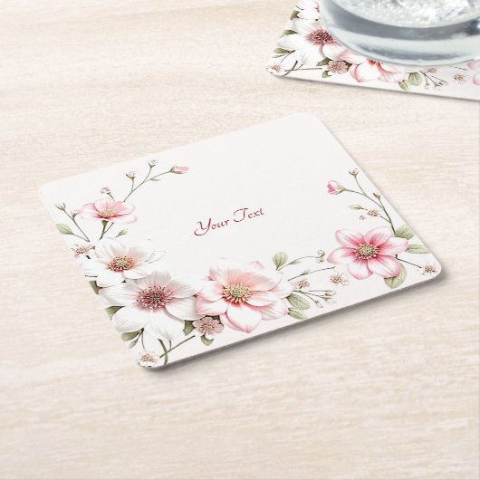 ピンクエレガントホワイトフローラ紙コースター スクエアペーパーコースター (アングル)