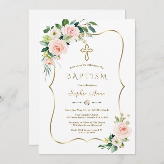 ピンクエレガントホワイトフローラ開花金ゴールドクロスバプテスマ 招待状 (正面/裏面)