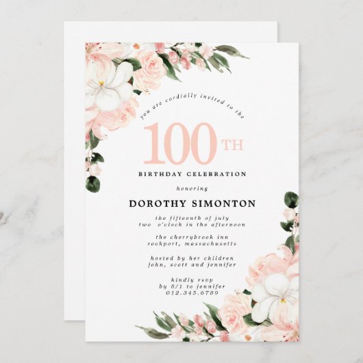 ピンクエレガントホワイトフローラ100誕生日 招待状 (正面/裏面)