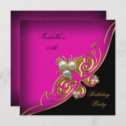 ピンクエレガントホワイトブラック金ゴールドパール誕生日 招待状 (正面/裏面)
