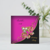 ピンクエレガントホワイトブラック金ゴールドパール誕生日 招待状 (スタンド正面)