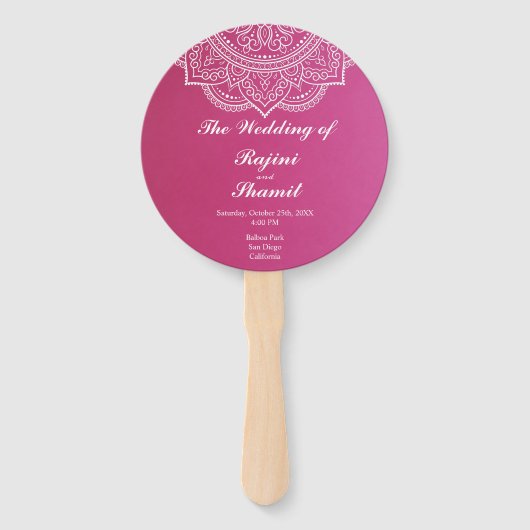 ピンクエレガントホワイトペイズリーインディアン結婚式 プログラム ハンドファン (正面)