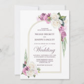 ピンクエレガントホワイトローズフローラ結婚アーチ 招待状 (正面)