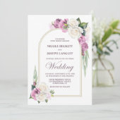 ピンクエレガントホワイトローズフローラ結婚アーチ 招待状 (スタンド正面)