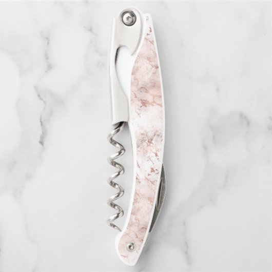 ピンクエレガントホワイトローズ金ゴールド大理石テクスチャ ソムリエナイフ (正面)