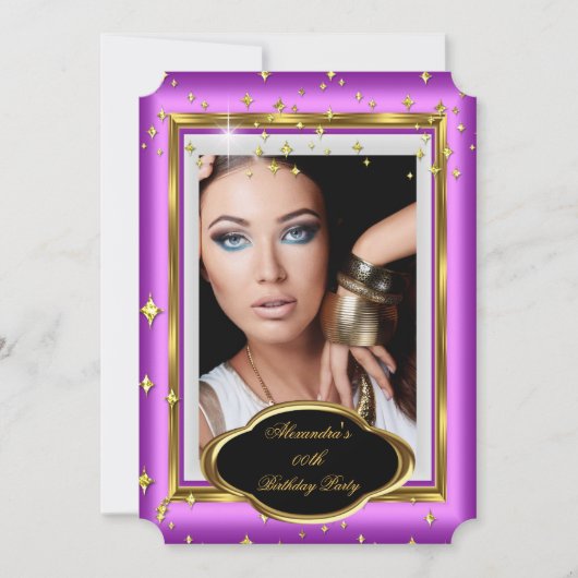 ピンクエレガントホワイト金ゴールドフォトバースデーパーティー3 招待状 (正面)