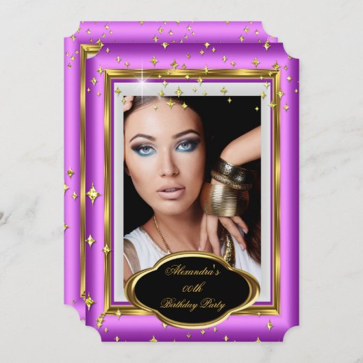 ピンクエレガントホワイト金ゴールドフォトバースデーパーティー3 招待状 (正面/裏面)