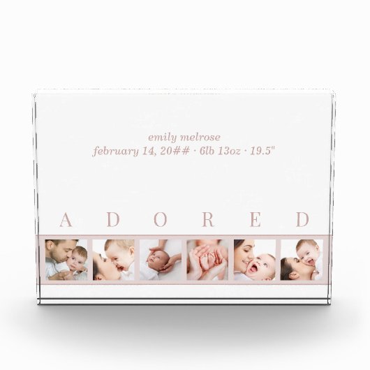 ピンクエレガントホワイトADOREDベビー誕生統計と6 フォトブロック (正面)