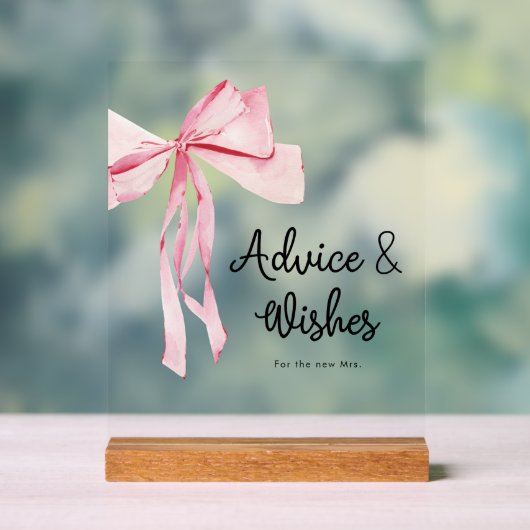 ピンクエレガントボウアドバイス&ウィッシュブライダルシャワー アクリルサイン (ニュートラル)