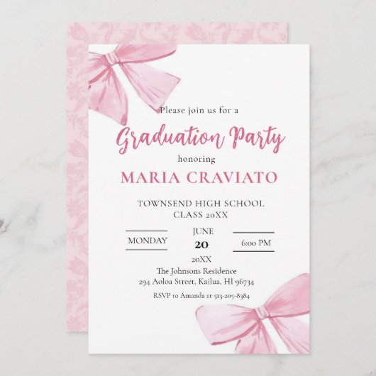 ピンクエレガントボウズ卒業パーティー招待状 招待状 (正面/裏面)