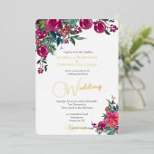 ピンクエレガントポインセチアフローラ結婚ズ 箔招待状 (立ち正面)