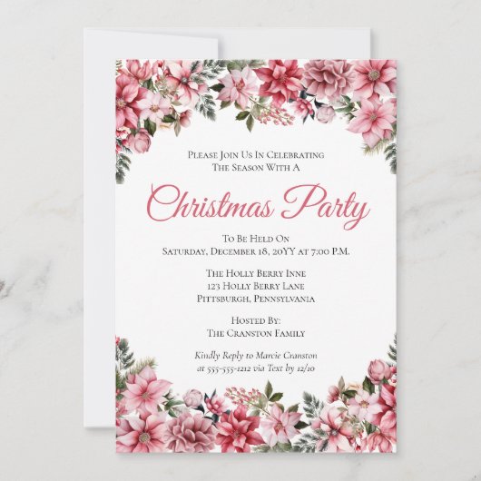 ピンクエレガントポインセティアスフローラクリスマスパーティー 招待状 (正面)