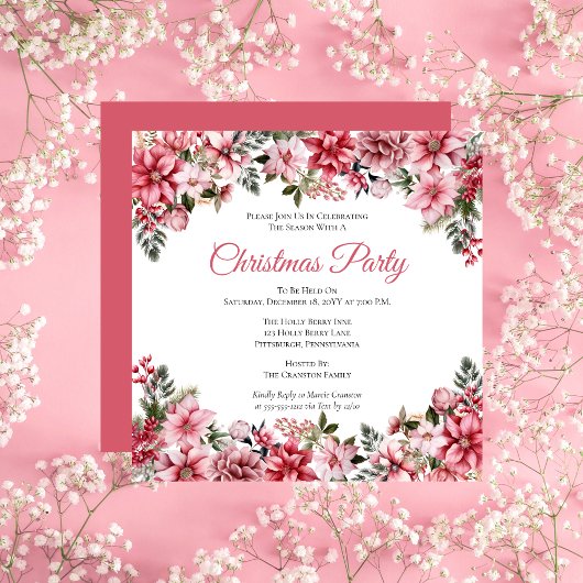 ピンクエレガントポインセティアスフローラクリスマスパーティー 招待状