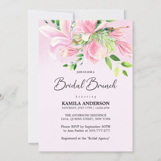ピンクエレガントマグノリアウォーター色ブライダルブランチ 招待状 (正面)