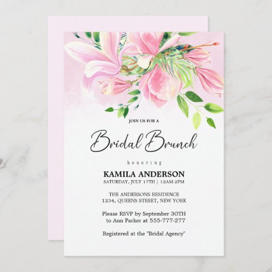 ピンクエレガントマグノリアウォーター色ブライダルブランチ 招待状 (正面/裏面)