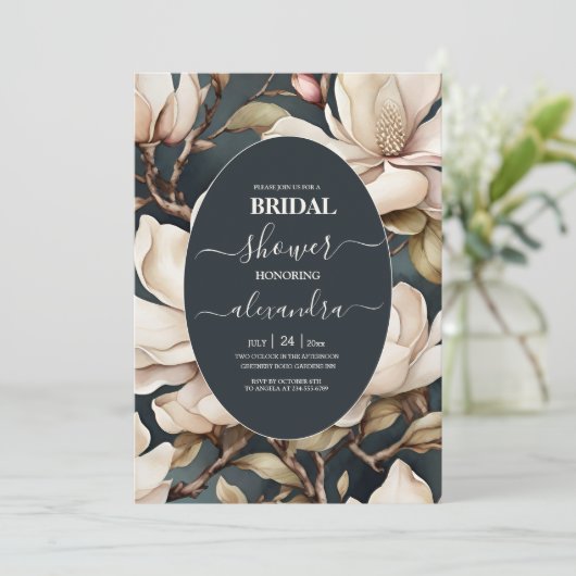 ピンクエレガントマグノリアスと緑のブライダルシャワー 招待状 (スタンド正面)