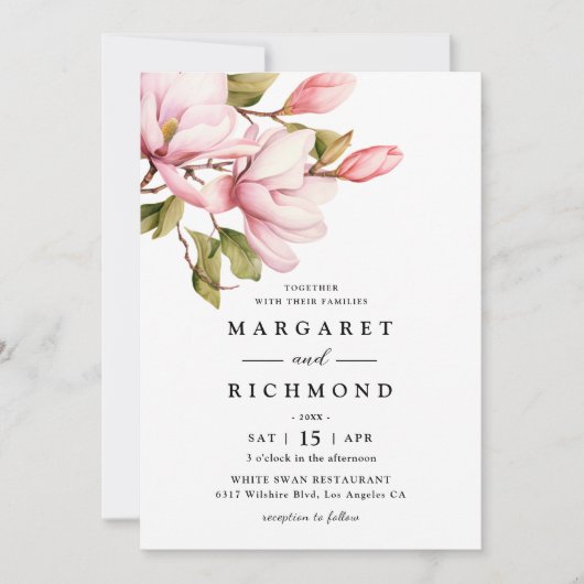 ピンクエレガントマグノリア水の色のフローラ結婚 招待状 (正面)