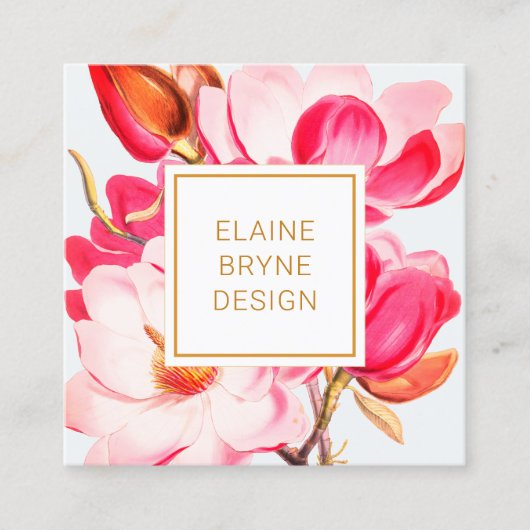 ピンクエレガントマグノリア水カラーフローラスクウェア スクエア名刺 (正面)