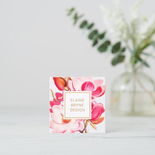 ピンクエレガントマグノリア水カラーフローラスクウェア スクエア名刺 (スタンド正面)