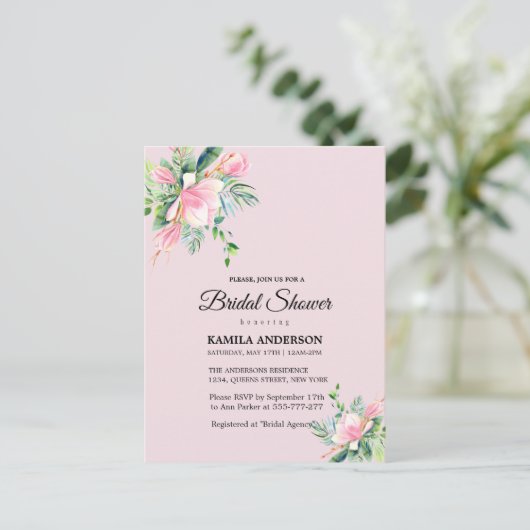 ピンクエレガントマグノリア水カラーブライダルシャワー シーズンポストカード (スタンド正面)