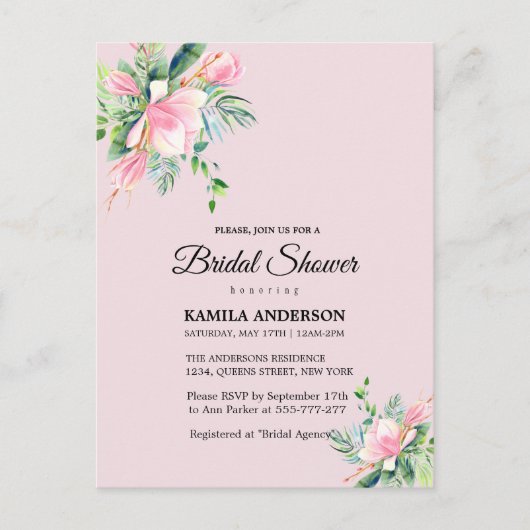 ピンクエレガントマグノリア水カラーブライダルシャワー シーズンポストカード (正面)