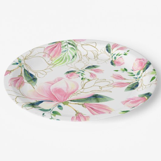 ピンクエレガントマグノリア水カラーブライダルシャワー ペーパープレート (アングル)