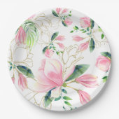 ピンクエレガントマグノリア水カラーブライダルシャワー ペーパープレート (正面)