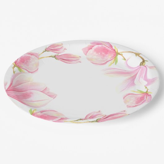 ピンクエレガントマグノリア水カラーブライダルシャワー ペーパープレート (アングル)