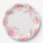 ピンクエレガントマグノリア水カラーブライダルシャワー ペーパープレート (正面)