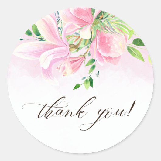 ピンクエレガントマグノリア水彩色ありがとう ラウンドシール (正面)